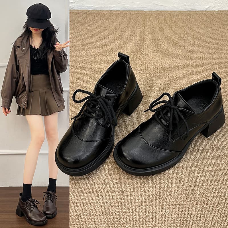 Retro thick-heeled lace-up loafers, high-heeled small leather shoes, women's British college style round toe versatile mid-heeled shoes