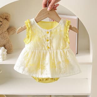 Baby Bodysuit Dress Summer Thin Onesie for Girls 100 Days Princess Flocked Burnout Princess Snap Crotch Bodysuit