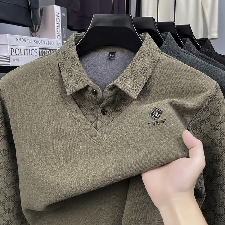 Two-Piece Polo Sweater Men's Fleece-Lined Thickened Shirt Collar Wool-Containing Top Autumn/Winter Inner Layer Base Shirt