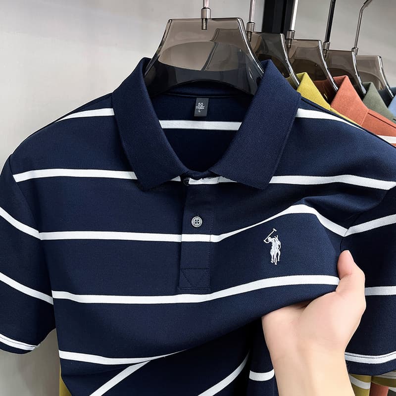 Long-staple cotton yarn-dyed short-sleeve polo shirt for men, 2026 summer striped lapel with small horse logo embroidery, cross-border exclusive