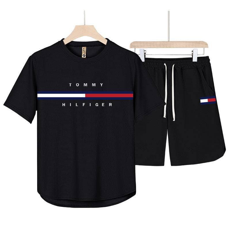 Summer Short Sleeve Set Men's Round Neck T-Shirt High-End Solid Color Half Sleeve Split Thin Breathable Five-Point Shorts Two-Piece Set