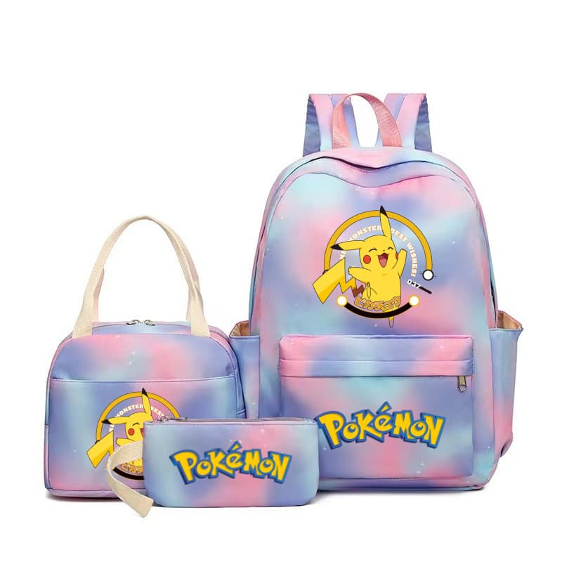 Pokémon Pikachu Same Style Casual Three-piece Backpack School Bag Printed College Style Large Capacity for Middle School Students
