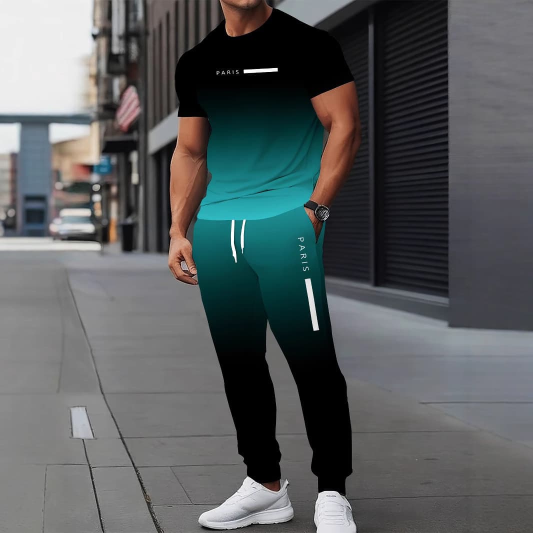 2025 New Men's Casual Short Sleeve Set 3D Digital Print Fashion Gradient Short Sleeve and Long Pants Set