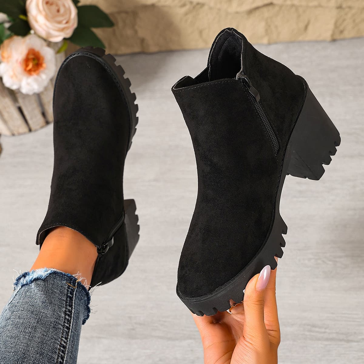 2026 autumn new cross-border large size European and American thick-heeled women's boots foreign trade black Amazon thick-soled high-heeled fashion boots