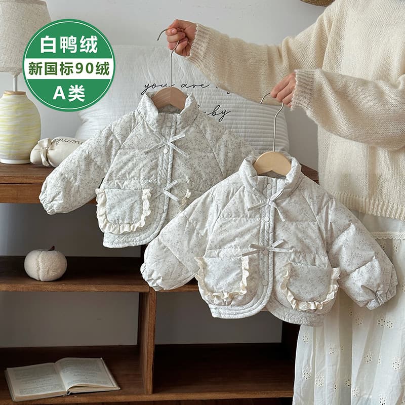 Infant down jacket winter warm baby girl fashionable branch floral down jacket newborn outing clothes