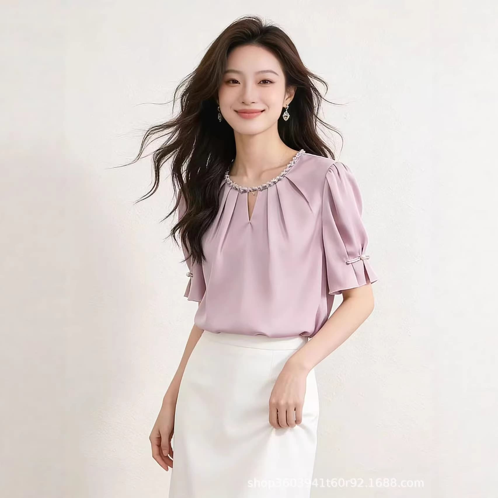 Cross-border 2026 Summer High-End Thin Style Buttoned New Elegant Slim Fit Commuter Round Neck Top Wholesale