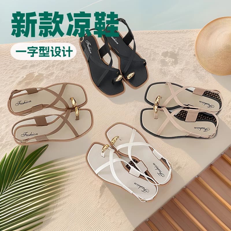 Cross-border Hot New Toe-loop Sandals for Women Summer Outdoor Flat Roman Sandals One-strap Toe-clip Women's Shoes