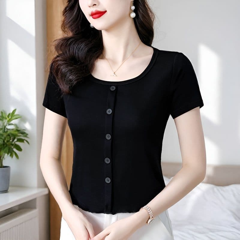 Black Square Neck Knitted Short Sleeve T-Shirt for Women 2026 Summer New Style High-End Basic Straight Shoulder Cropped Top