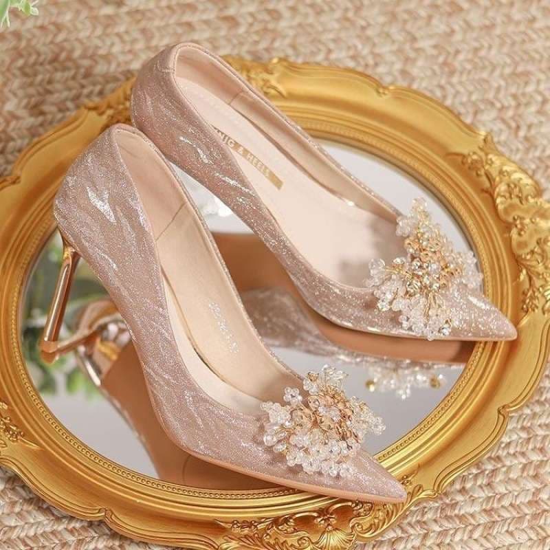 French High Heels Women Thin Heel Pointed Toe Wedding Shoes Silver Premium Comfortable Bride Shoes Hexiu Wedding Dress Two-Way Wear