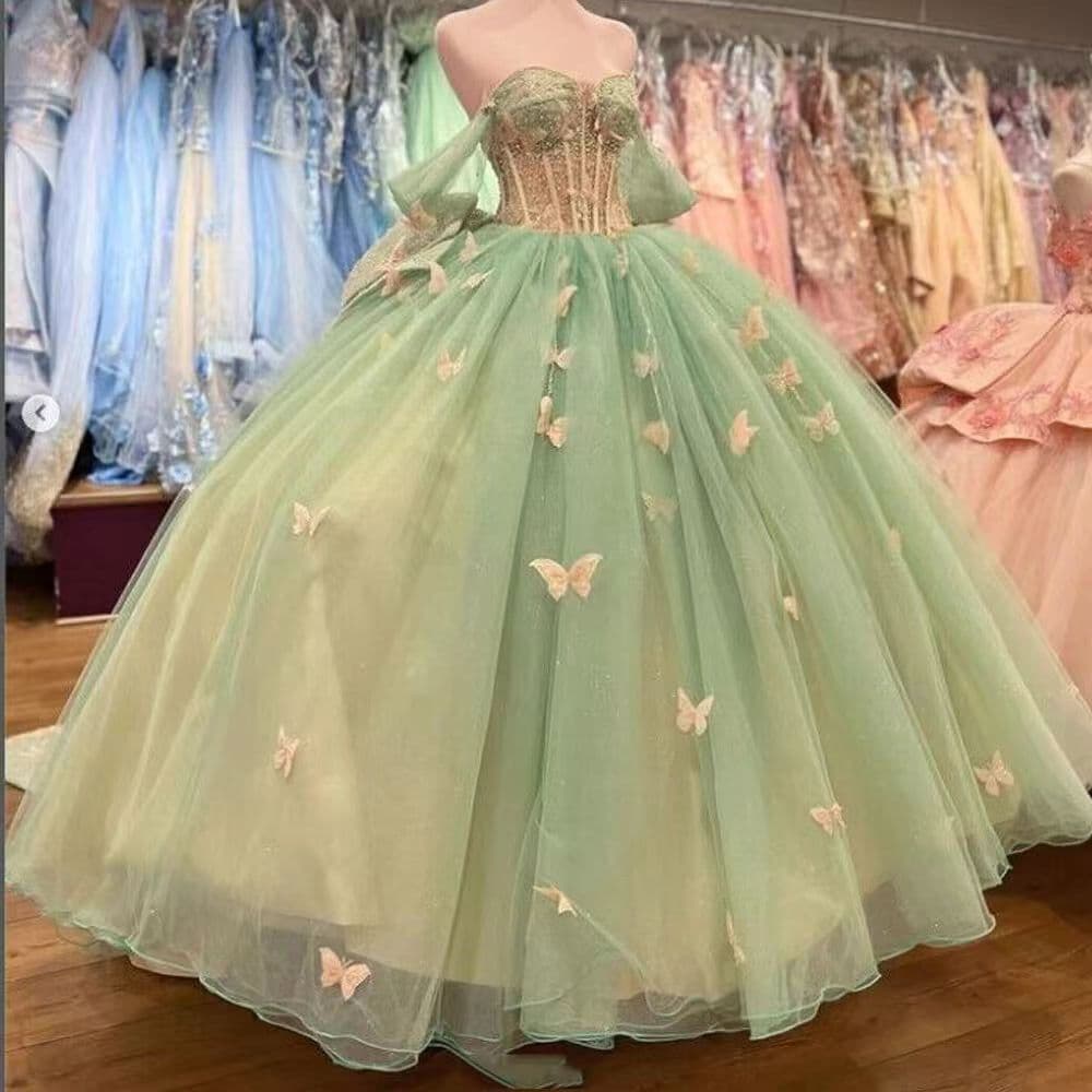 Adult Ceremony Evening Gown Green Forest Style Simple Prom Dress One-Shoulder Tulle Butterfly Applique 2026 Banquet Evening Dress