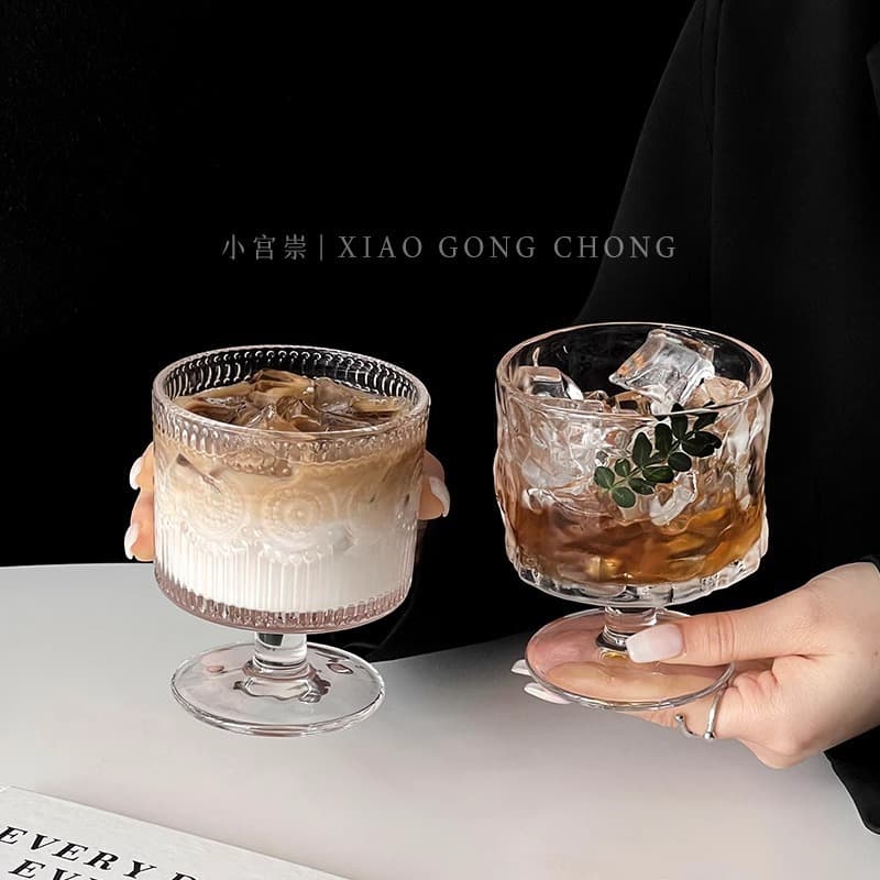 Unique Design Embossed Stemmed Glass, Ins-Style High-End Iced American Coffee Cup, Fruit Tea Cup, Beverage Cup, Wine Glass