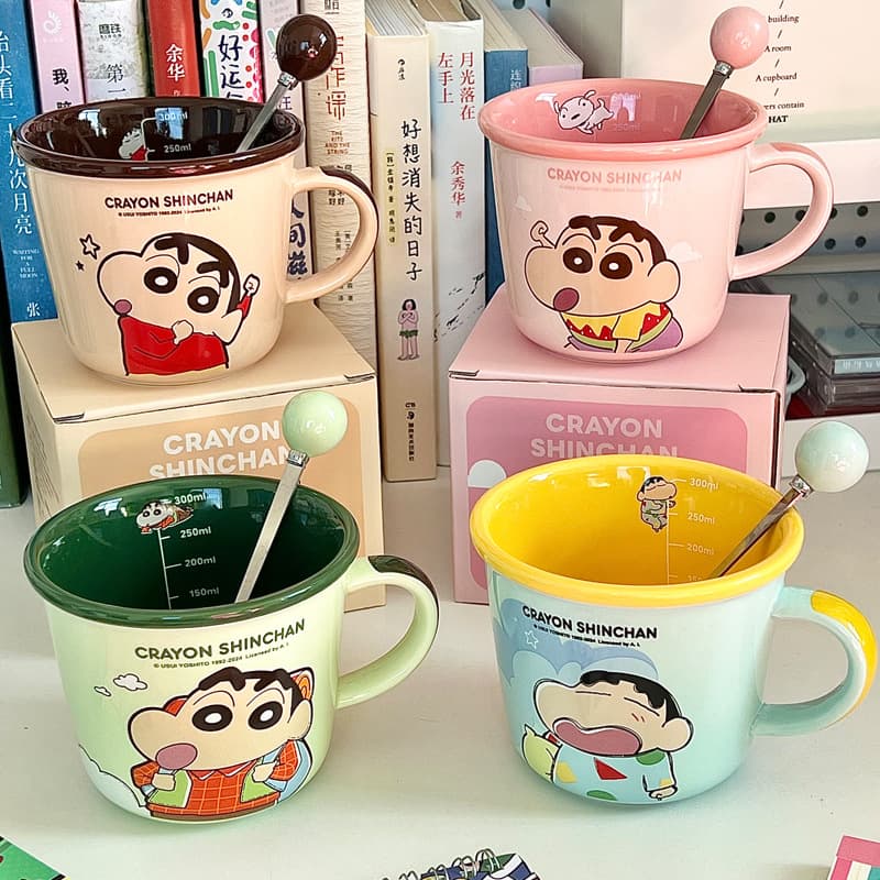 Crayon Shin-chan Cute Ceramic Mug for Kids with Measurement Scale Water Cup Couple Coffee Breakfast Cup Birthday Gift