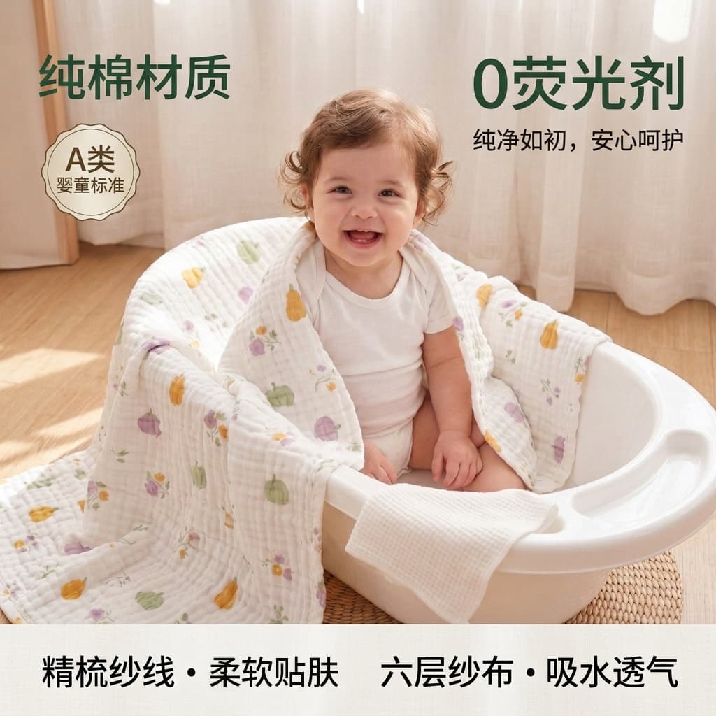 Class A Six-Layer Baby Bath Towel, Infant Swaddle Blanket, Baby Gauze Bath Towel, Children's Towel, Pure Cotton Gauze Blanket