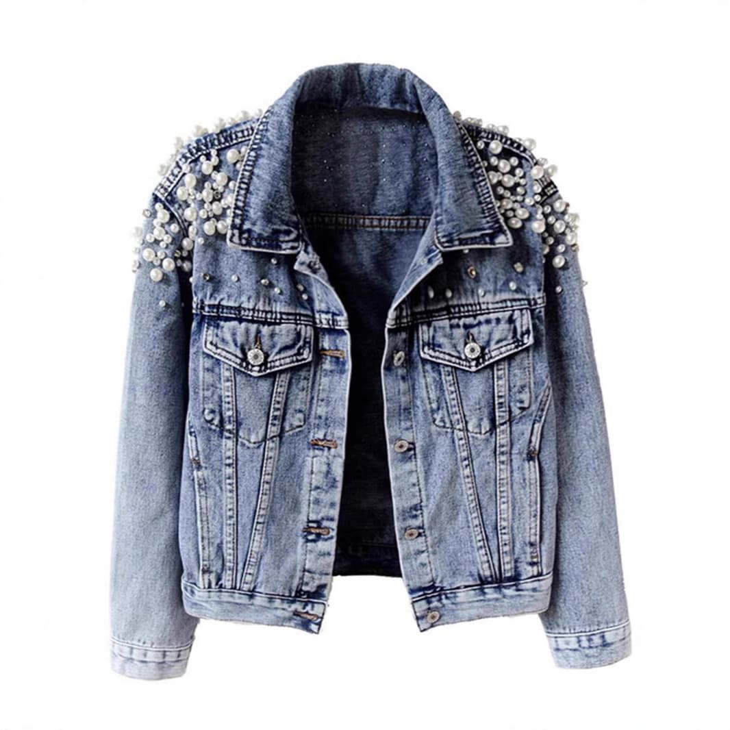 Cross-border Amazon TEMU Women's Denim Jacket Embroidered Rivet Pearl Short Fashion Loose Spring Denim Jacket