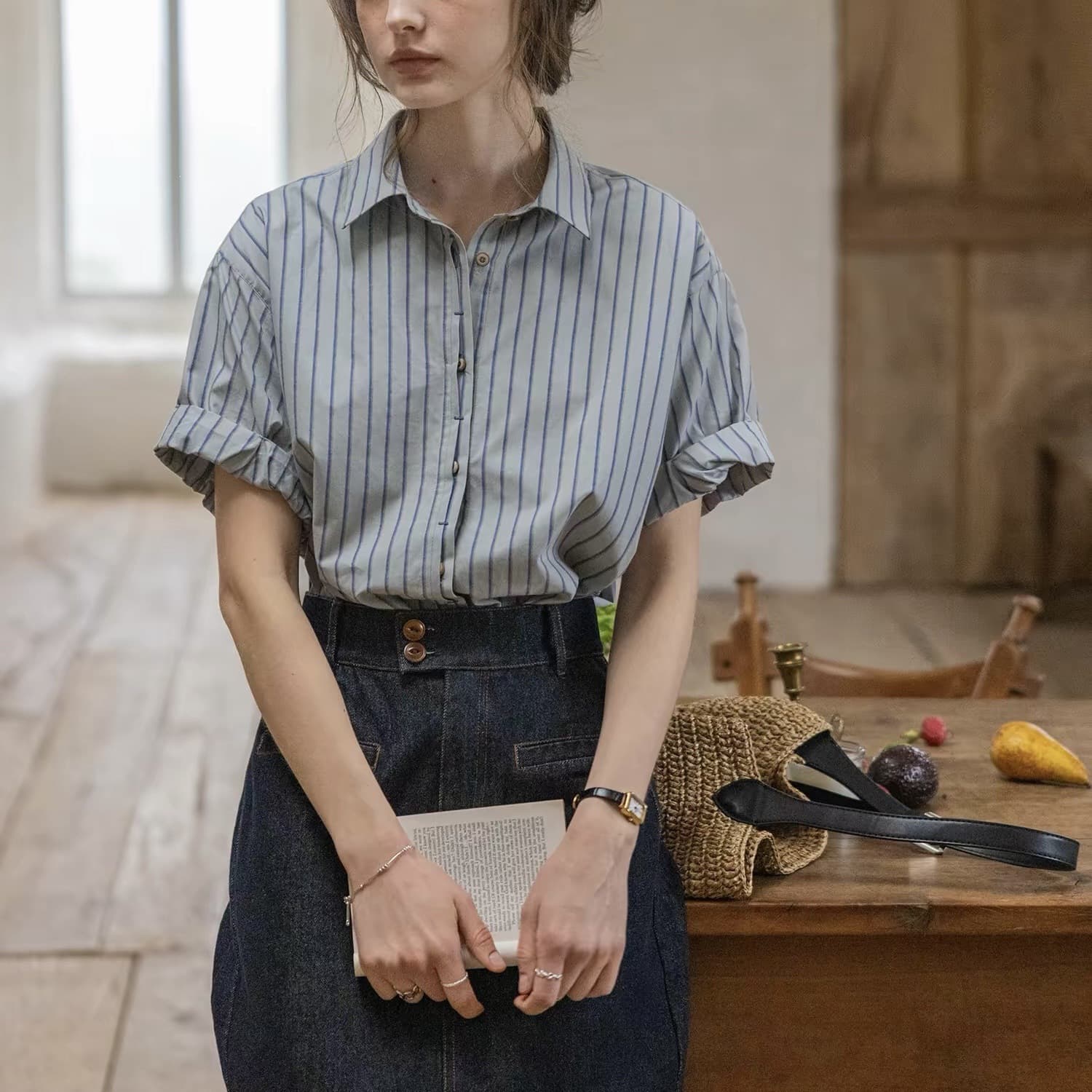 Dailyart "Mist Blue Paris" Cotton Button-Front Striped Texture Contrast Stitching Design Shirt