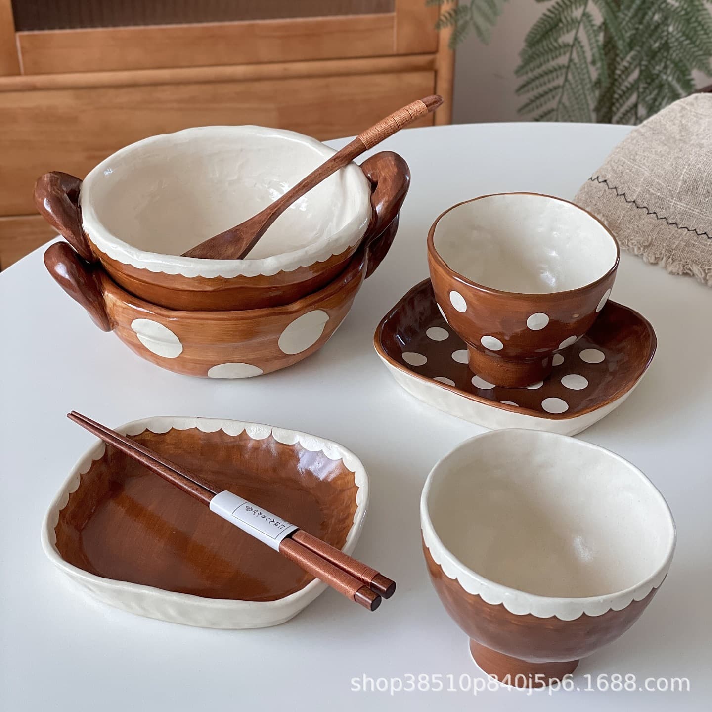 Japanese Retro Hand-Painted Polka Dot Lace Ceramic Double-Handled Bowl Hand-Pinched Niche Dessert Tall Bowl Household Dessert Dish