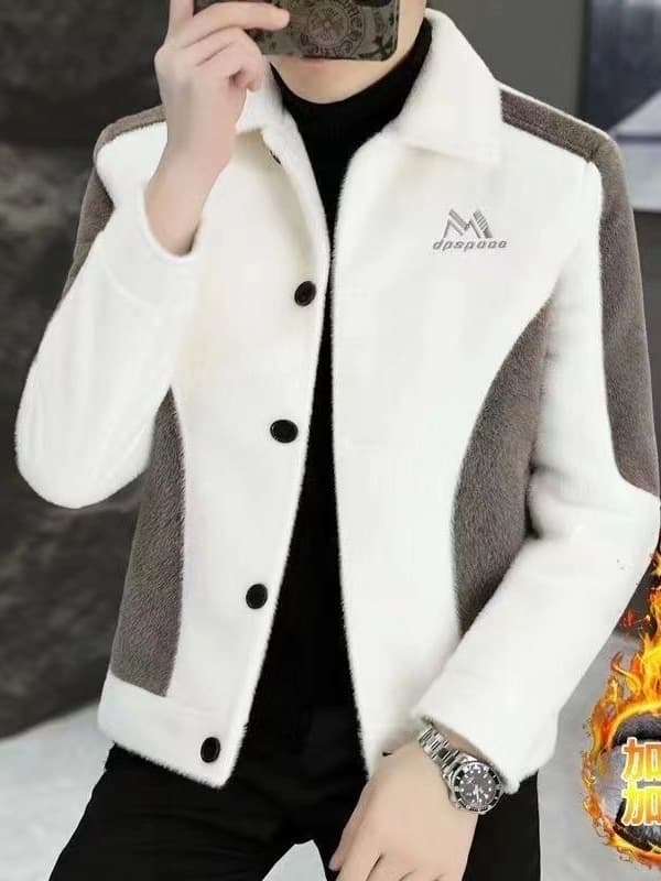 Men's New Wool Coat, Fleece-Lined and Thickened Winter Trendy Jacket with Mink Fur Collar, Warm Wool Blend Outerwear
