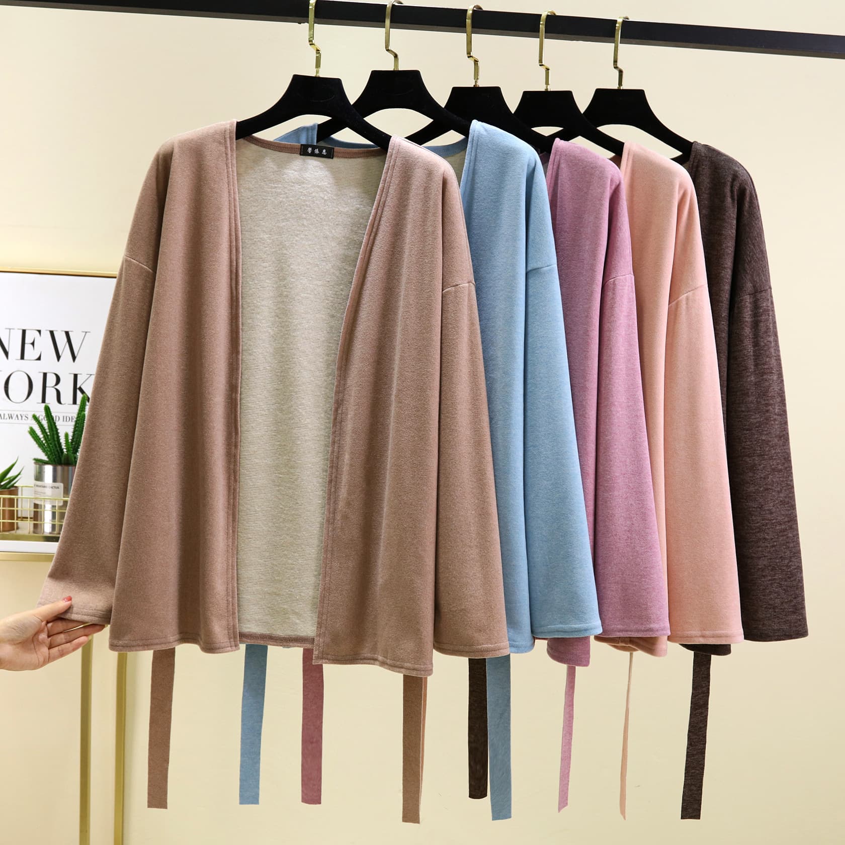 Fleece-Lined Lace-Up V-Neck Long-Sleeved Pajamas Women's Autumn and Winter New Home Clothes Coat Thickened Warm V-Neck Nightgown Top