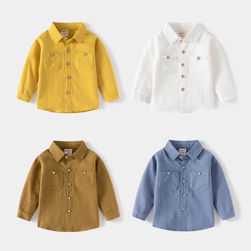Children's long-sleeved shirt 2025 new boys' double-pocket shirt baby long-sleeved square collar small shirt one piece drop shipping
