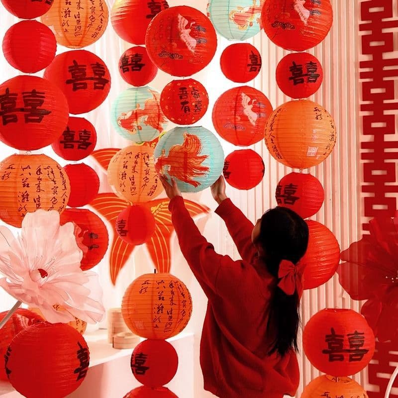 Xi Character Lantern Honeycomb Ball Hanging Decoration for Rural Courtyard Wedding Decoration Set