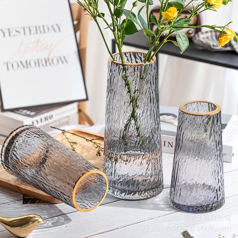 Luxury Bark Texture T-Type Gold-Painted Glass Vase, Hand-Blown, Hand-Painted Real Gold, Tabletop Flower Vase