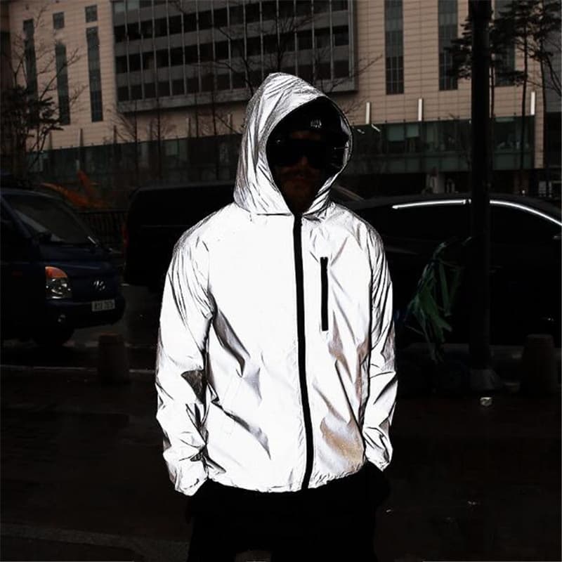 Bright Silver Gray Reflective Jacket Men Women Cycling Full Reflective Hooded Jacket Coat Night Running Windproof Windbreaker