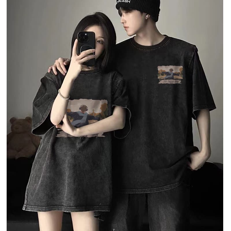 Couple Outfit Heavyweight Washed Cotton Short Sleeve T-Shirt Summer 2025 New High Street Trendy Top