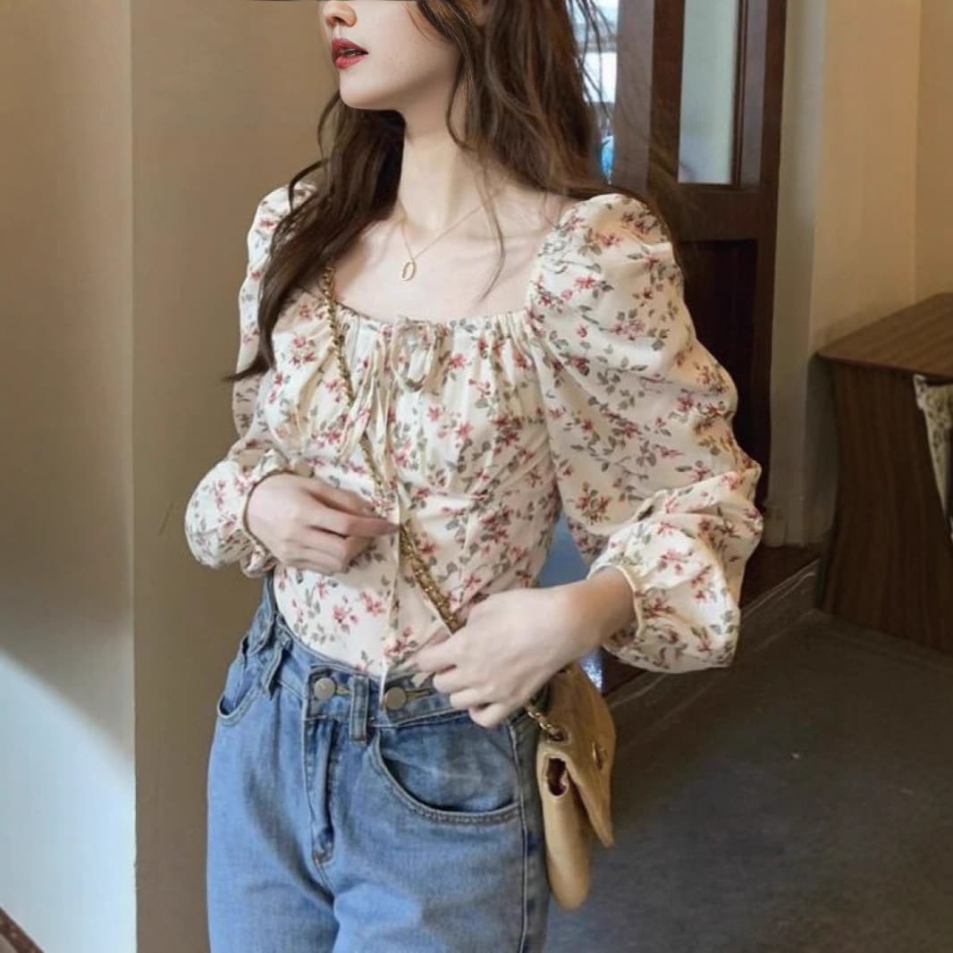Spring/Autumn New Bubble Long Sleeve Fairy Design Unique Plus Size Top French Floral Blouse for Women