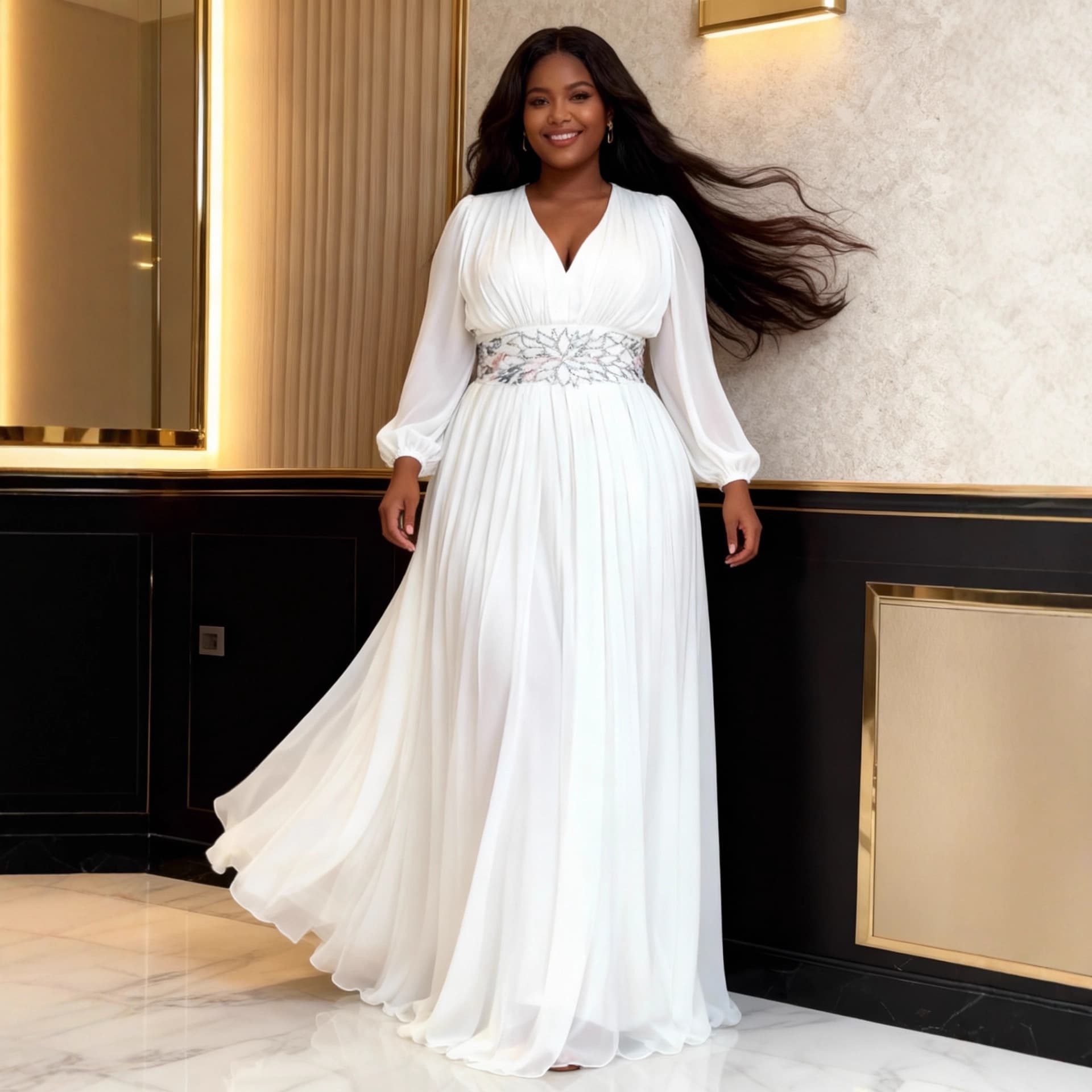 Plus Size Women's White V-Neck Waist-Cinching Long Sleeve Maxi Dress, Fat mm Chiffon Flared Banquet Elegant Gown