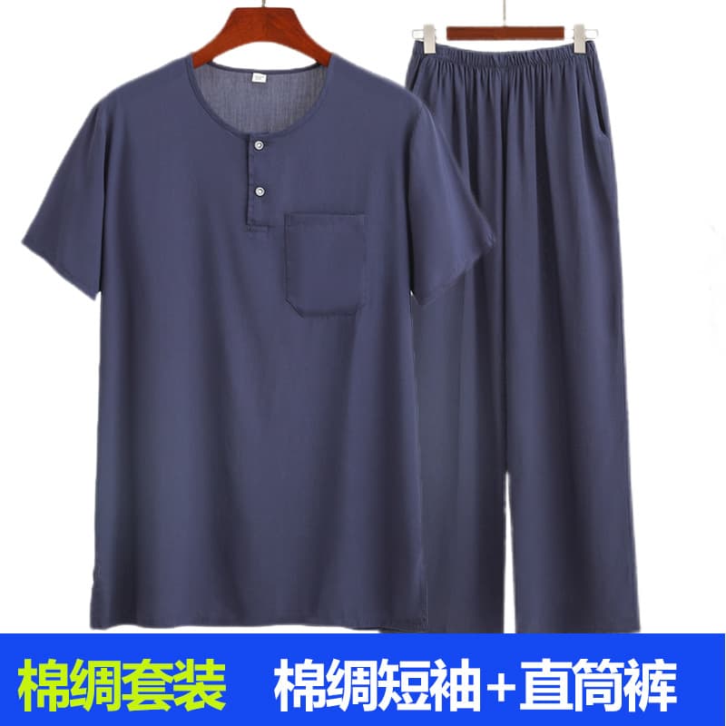 Men's Mid-Aged and Elderly Cotton Silk Pajamas, Summer Thin Short-Sleeved Suit, Artificial Cotton Homewear Trousers Two-Piece Set