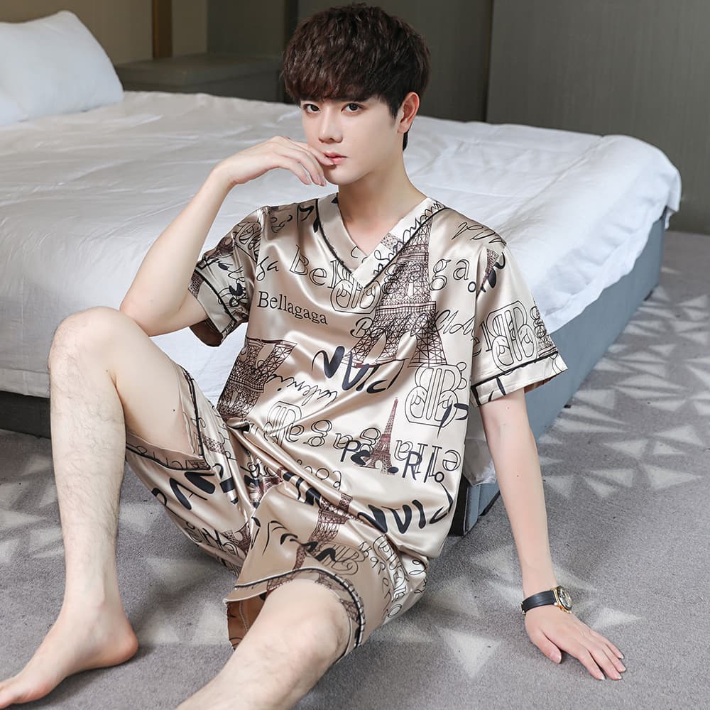 Men's Summer Ice Silk Thin Short-Sleeved Two-Piece Pajama Set Korean Style Loose Large Size Homewear One Piece Drop Shipping