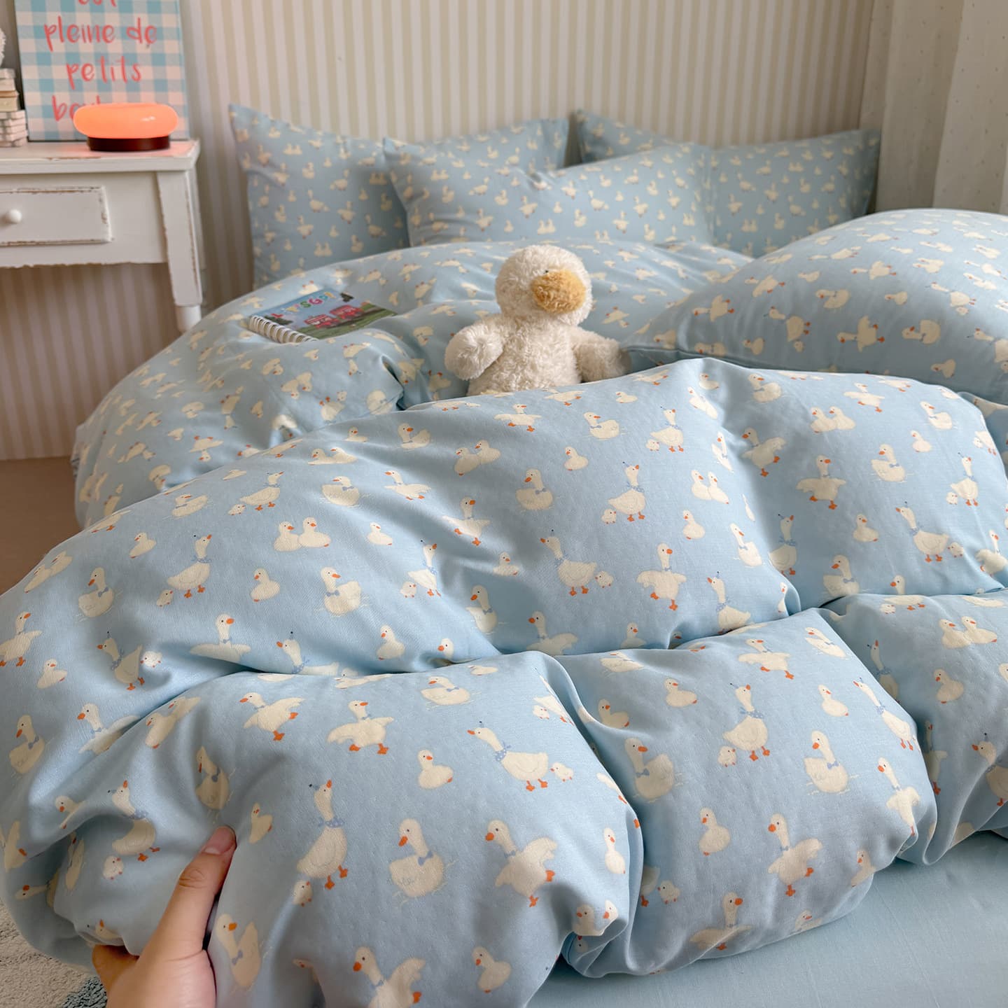 Xiaohongshu Douyin All-Cotton Double-Layer Gauze Four-Piece Set Pure Cotton Cute White Goose Duvet Cover Bed Sheet Fitted Sheet Children's Three-Piece Set