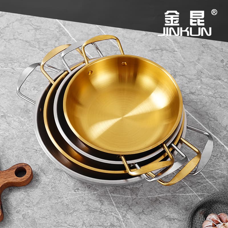 Korean stainless steel dry pot seafood pot army hot pot golden flat bottom shallow pot dish plate commercial double-ear pot induction cooker
