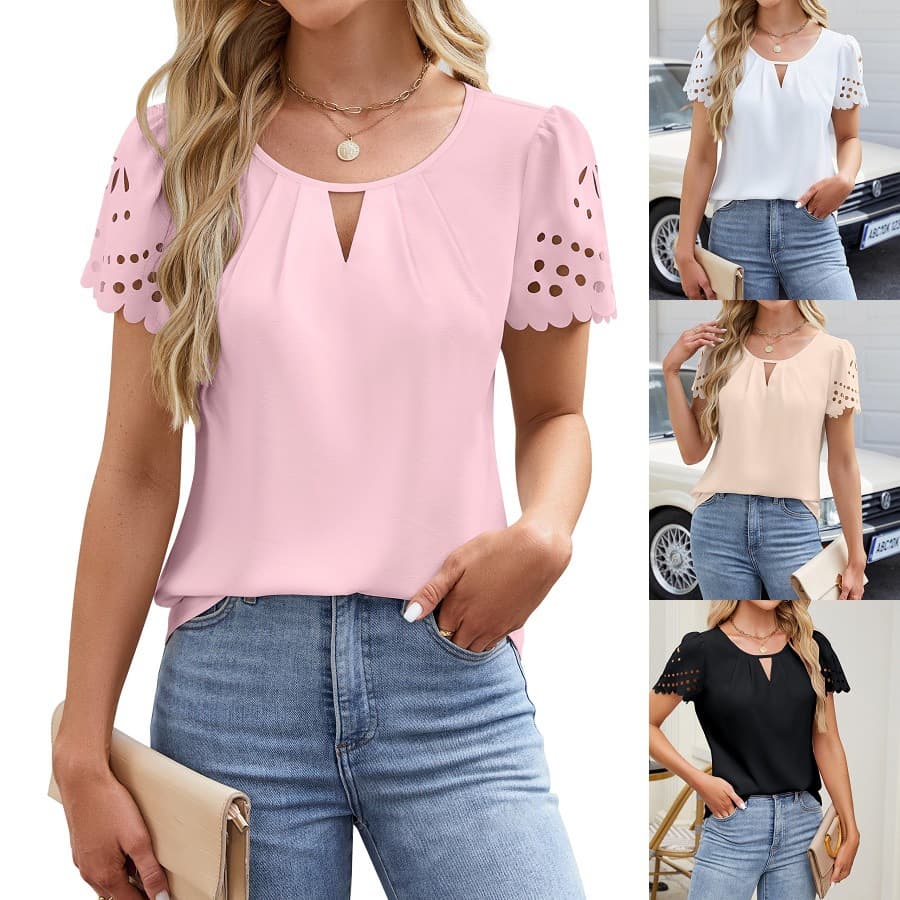 2025 European and American Cross-border Women's Fashion Amazon Summer New V-Neck Hollow Lace Short Sleeve Chiffon Blouse