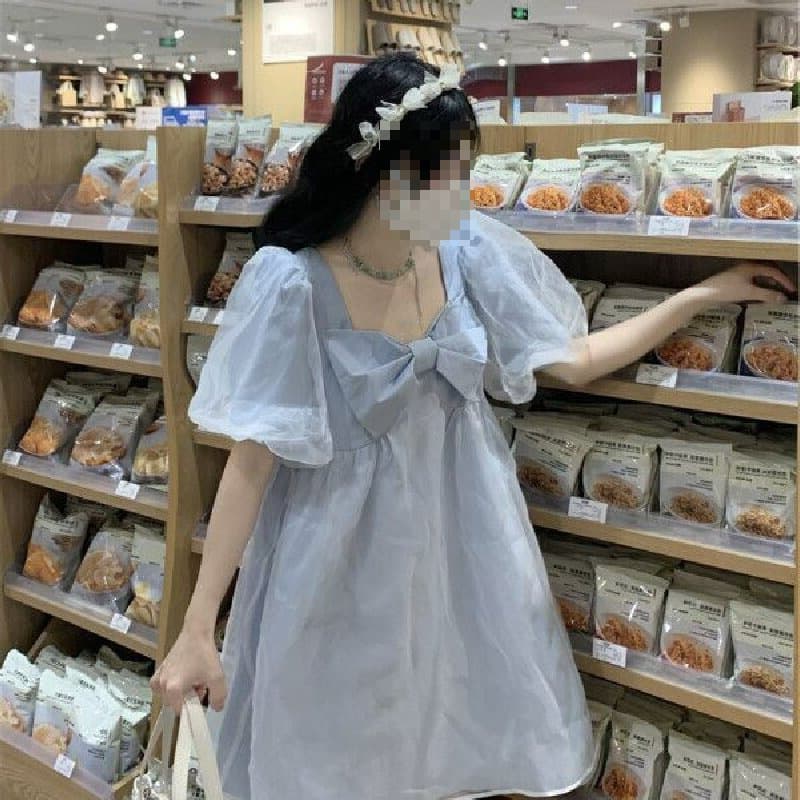 Square collar petite puff sleeve puff skirt 2026 summer sweet and fresh mesh bow dress for women