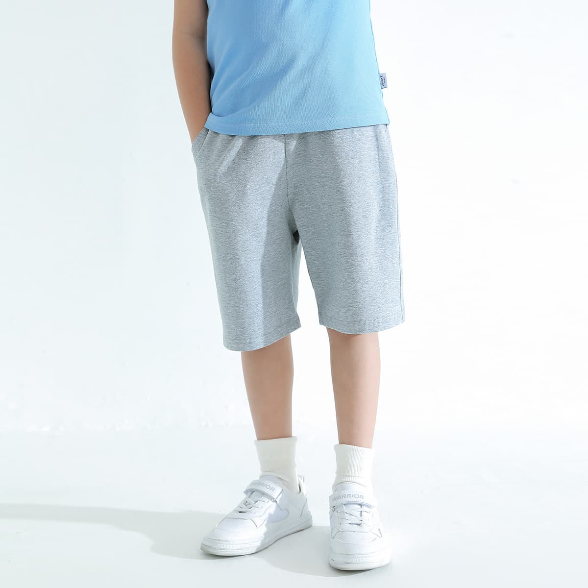 Loose-fit solid color knee-length casual pants for older children, thin sport shorts for school uniform outerwear