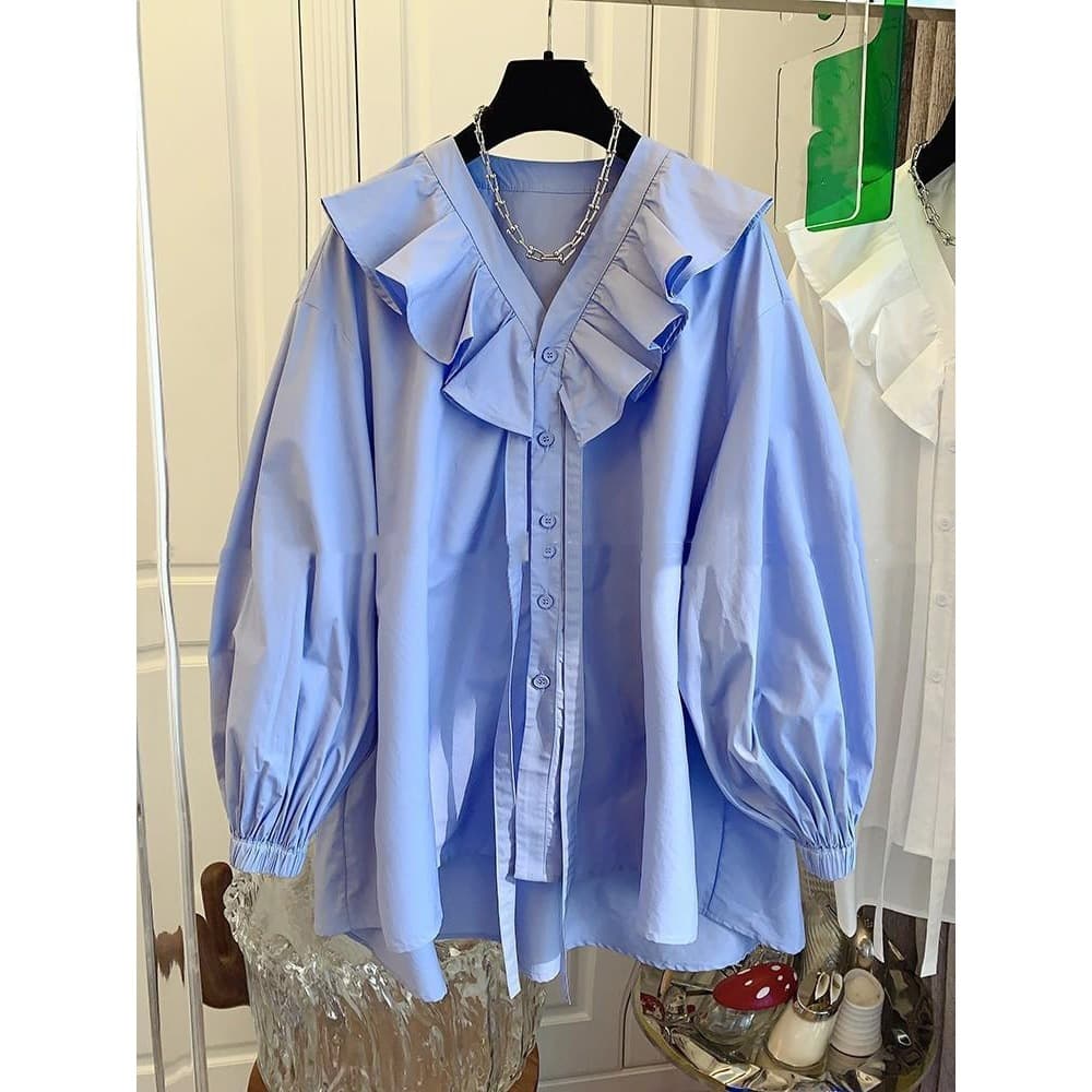 New Plus Size French Ruffle Patchwork Blouse Loose Fitting Long Sleeve Tunic Top for Women