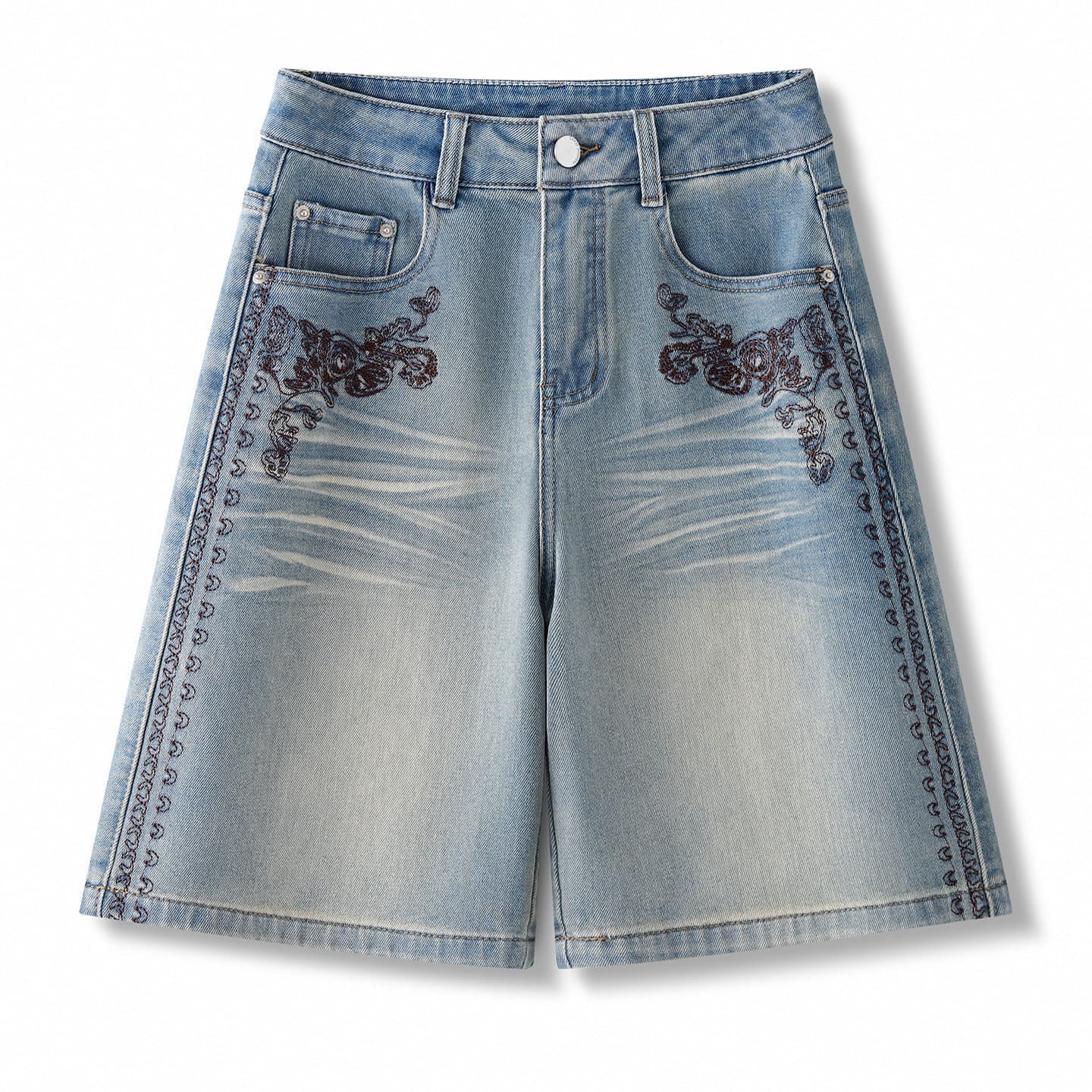 Light-colored Embroidered Denim Shorts for Women Summer 2026 New High-Waist A-Line Loose Wide-Leg Hot Pants