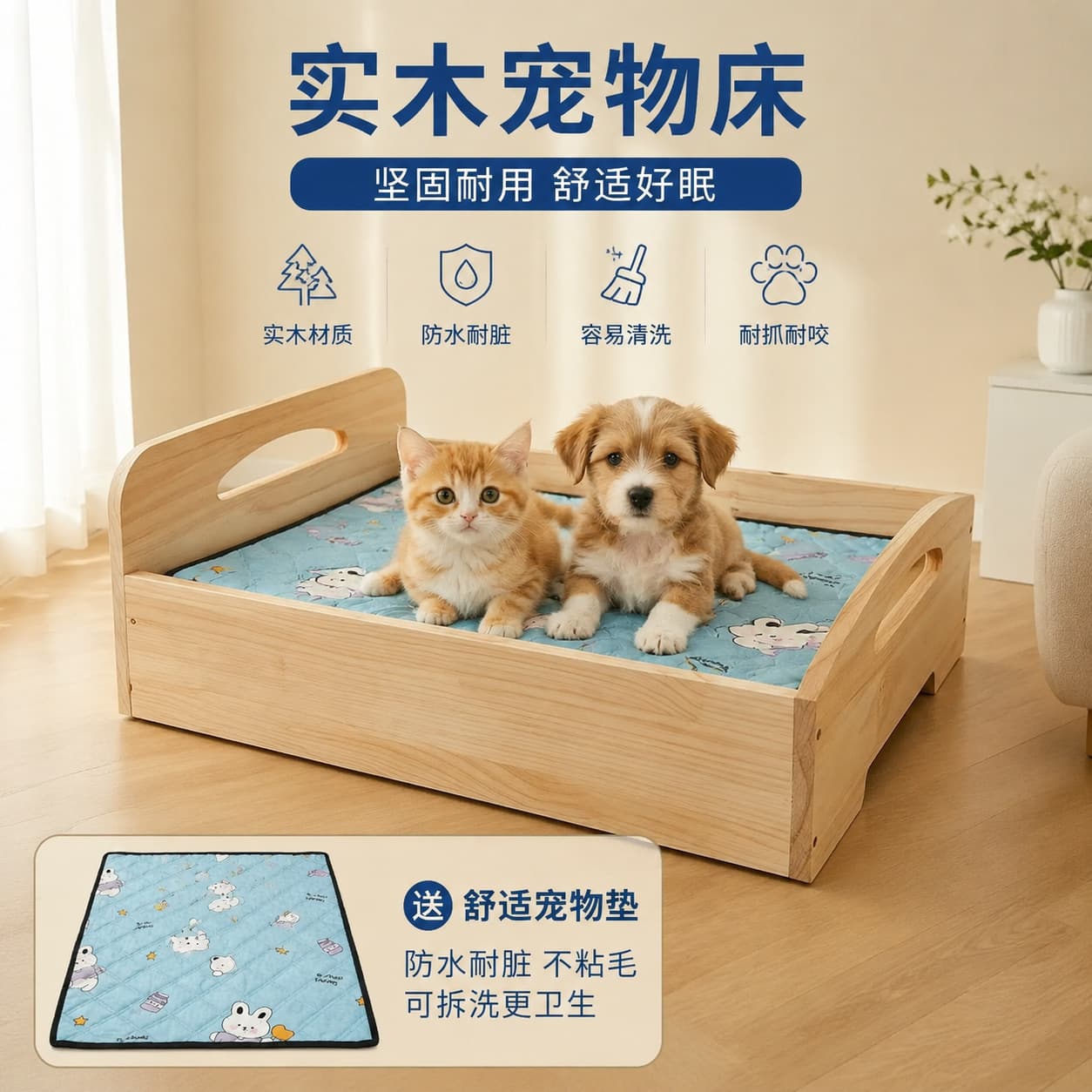 Pure solid wood pet bed for all seasons, removable and washable Teddy Pomeranian dog bed, off-the-ground moisture-proof cat bed and cat lying pad