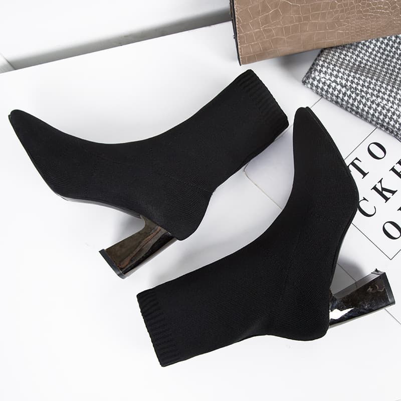 Women's Black Pointed Toe High Heel Ankle Boots, Comfortable and Fashionable Chunky Heel Casual Shoes