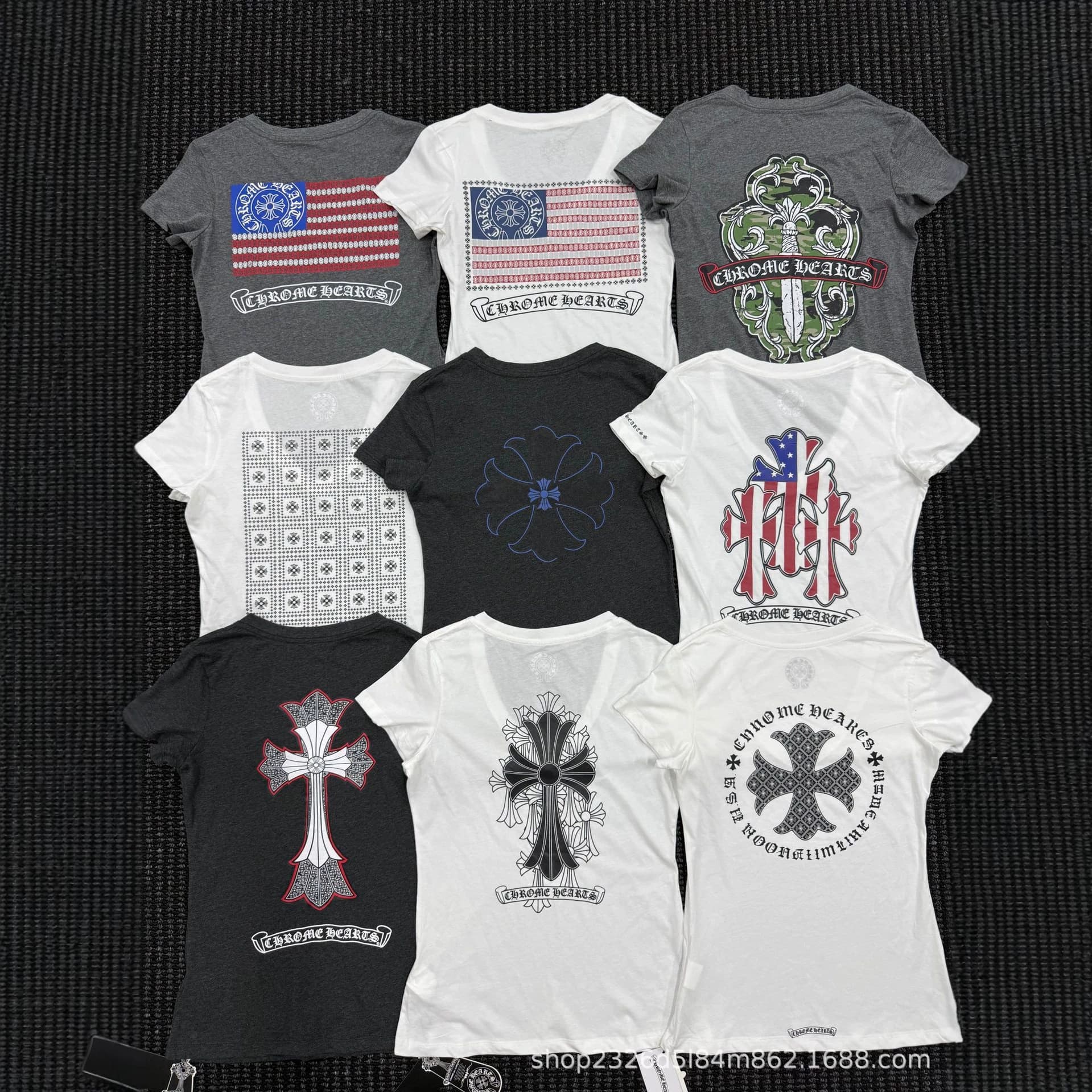 In Stock: Authentic Ch Vintage Style Retro Print V-Neck Short-Sleeve Slim-Fit Waist-Cinching Pure Desire Hot Girl Style