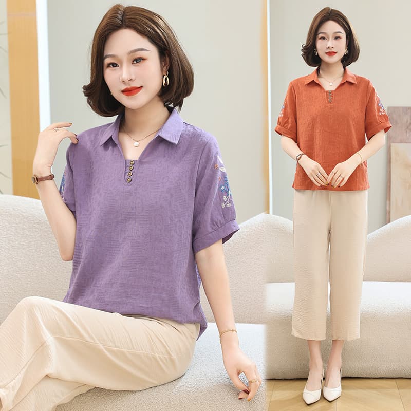 Mother's Blouse with Embroidery Cotton Linen Short Sleeve Summer Top, Loose Casual Women's Clothing Set