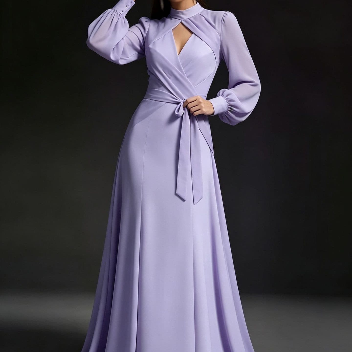 2026 Spring European and American Amazon Cross-border Light Purple Stand Collar Hollow-out Dress Lantern Long Sleeves Self-tie Belt Long Skirt