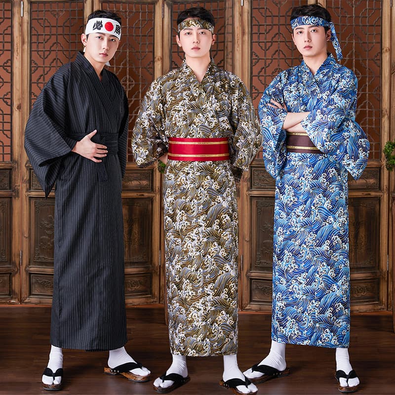 Traditional Japanese Men's Kimono Formal Wear Samurai Style Yukata Robe Loungewear Multiple Color Options Available