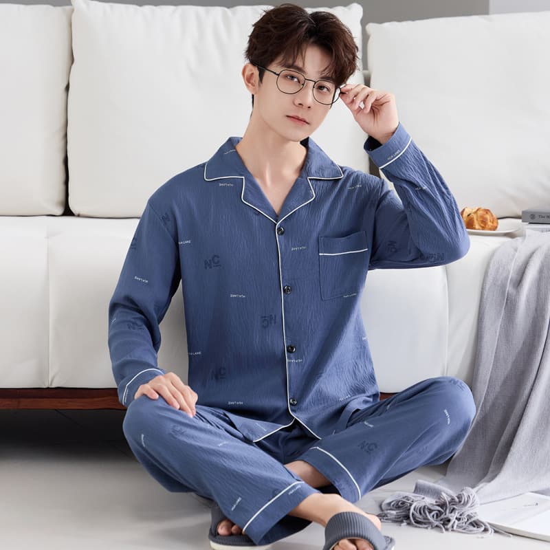 Korean style men's pajamas spring and autumn cloud cotton long-sleeved trousers two-piece set teenagers high-end home wear wholesale