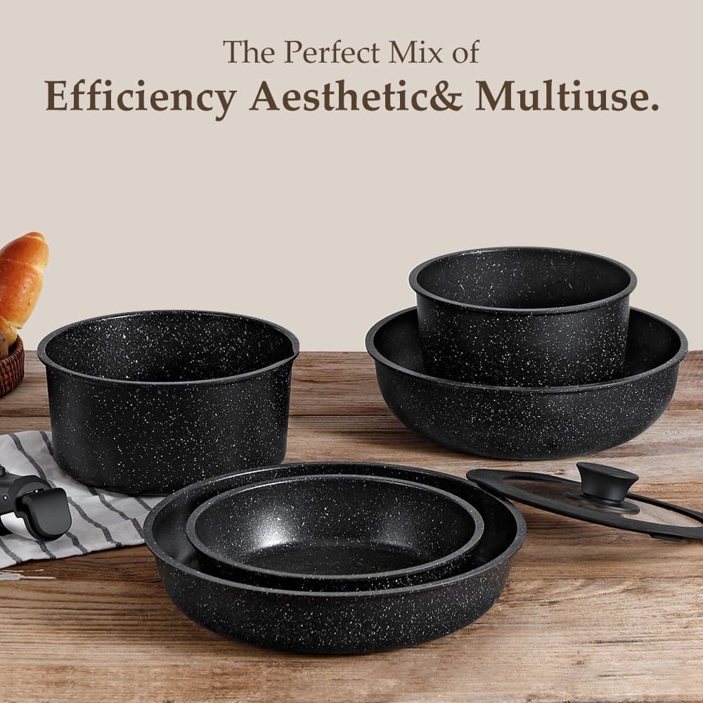 Detachable Home Cookware Set Marble Non-Stick Frying Pan and Soup Pot Compatible with Induction Cooker and Gas Stove