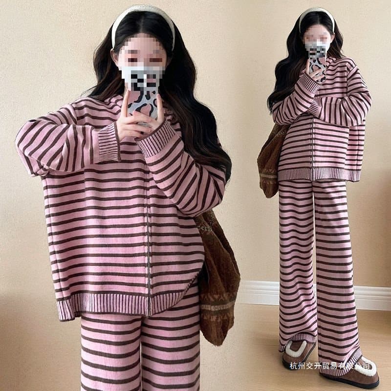 Maternity Wear Autumn Set New Fashionable Outerwear Wide-Leg Pants Stylish Long-Sleeve Striped Two-Piece Set Trendy Mom