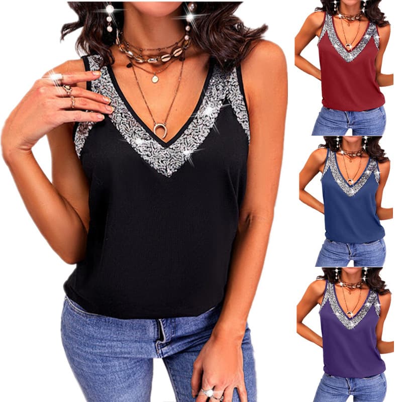 2026 Summer New Style Independent Online Store Amazon European and American Cross-Border Women's Solid Color Sequin Sleeveless Tank Top T-Shirt