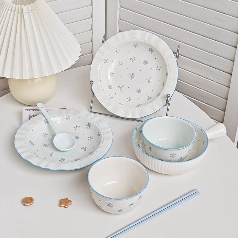 Cute Single Dining Set - Beautiful First Snow Bowl & Plate Combo for Two, Rice Bowl and Household Plate