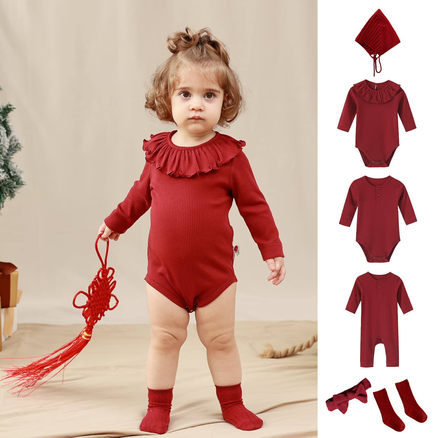 2025 New Year's model for all seasons infants, boys and girls, New Year red modal long-sleeved romper jumpsuit